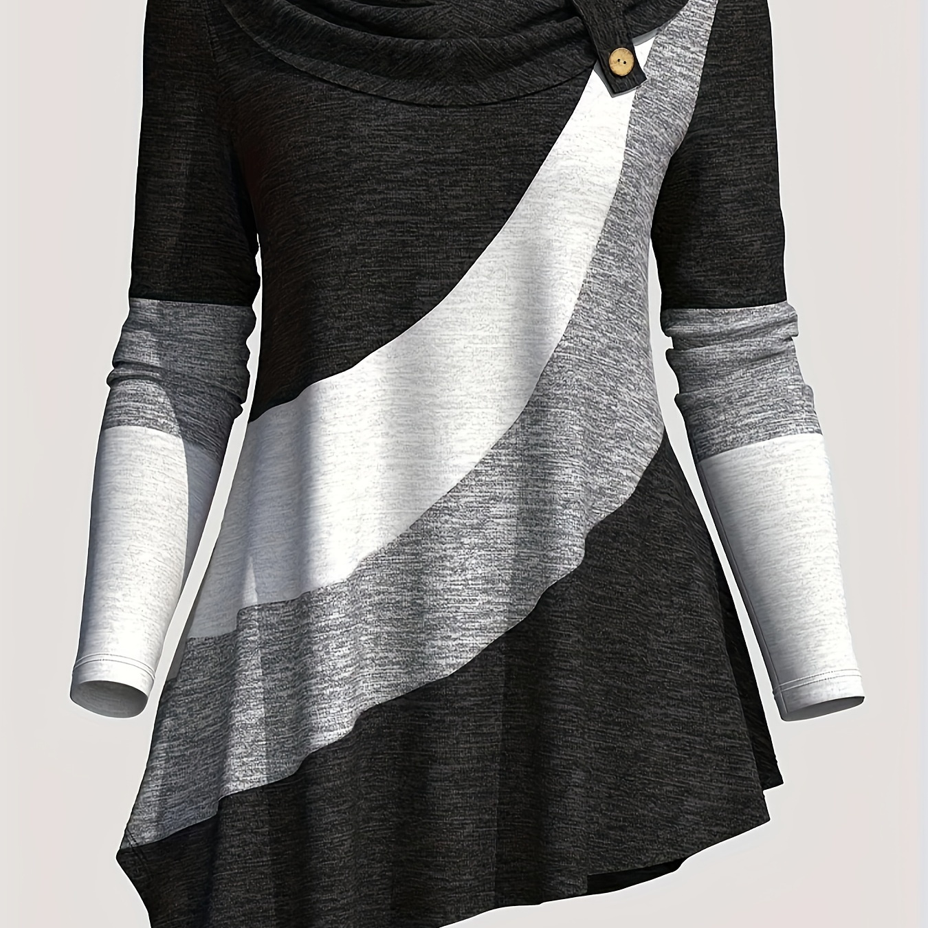 

Patchwork Print Button Decor T-shirt, Casual Color Block Long Sleeve Asymmetrical T-shirt For Spring & Fall, Women's Clothing