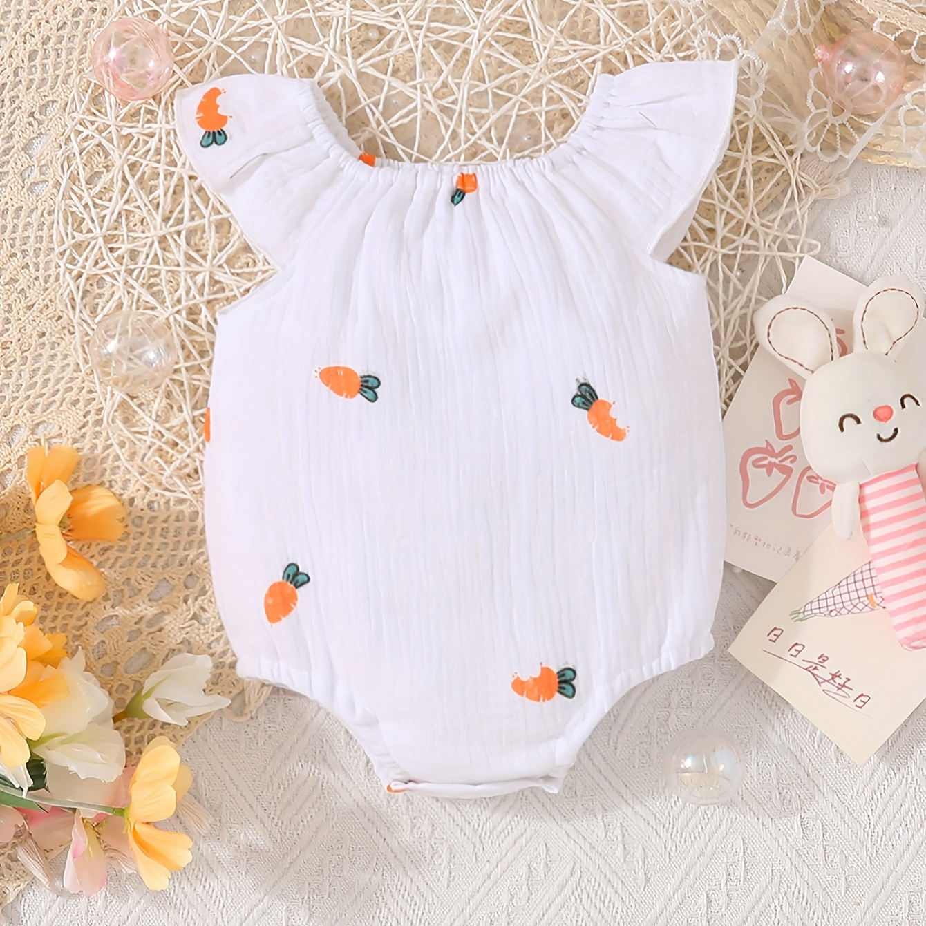 

Cartoon Carrot All-over Print Infant's Cotton Muslin Bodysuit, Comfy Sleeveless Triangle Onesie, Baby Girl's Clothing