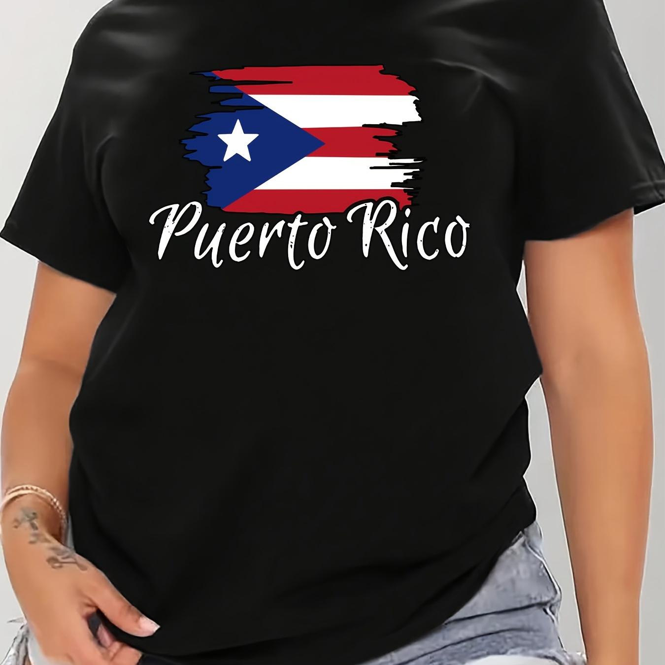 

Women's Plus Size Casual Sporty T-shirt, Puerto Rico Flag Print, Comfort Fit Short Sleeve Tee, Fashion Breathable Casual Top