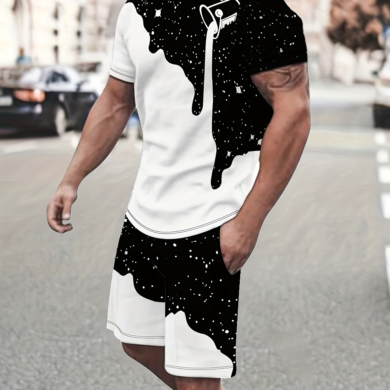 

Men's Outfit, Starry Sky Graphic Print Casual Crew Neck Short Sleeve T-shirt & Shorts 2-piece Co Ord Set For Summer Outdoor Activities