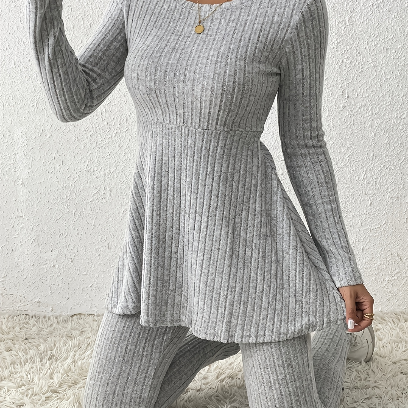 

Solid Ribbed Knitted Casual Pantsuits, Crew Neck Long Sleeve Ruffle Hem Sweater & Skinny Pants Outfits, Women's Clothing