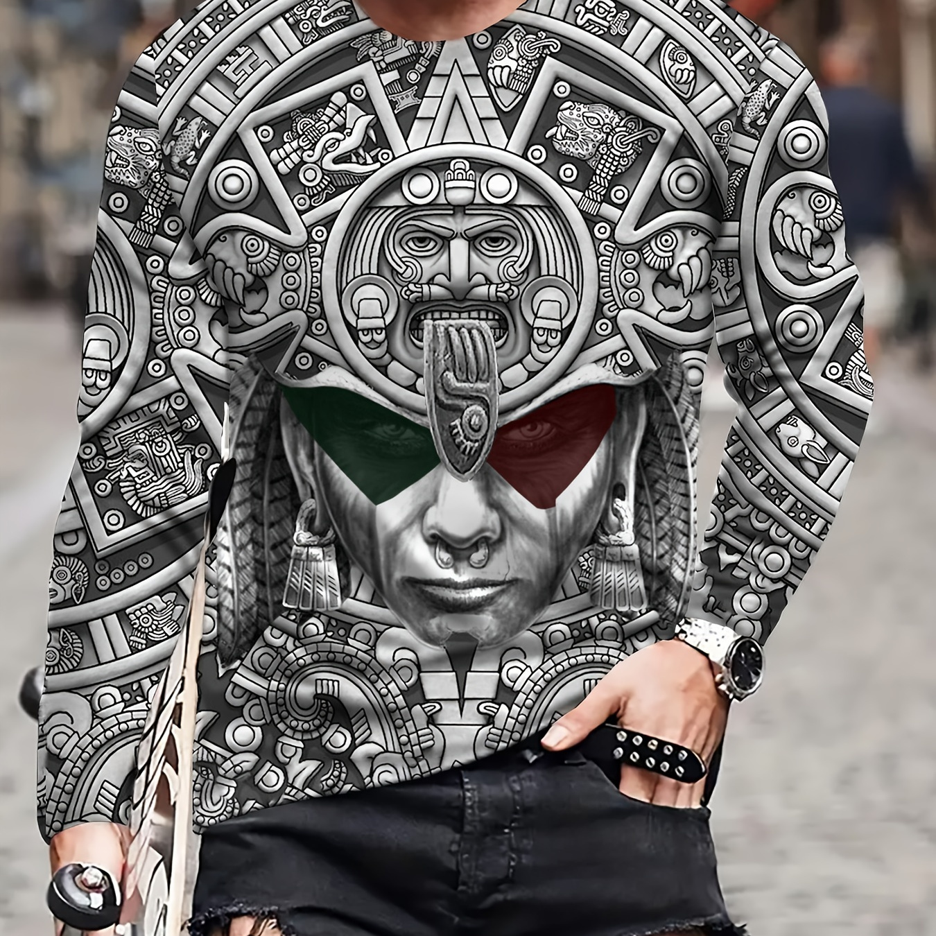 

Aztec Pattern 3d Digital Print Men's Novelty Long Sleeve Crew Neck T-shirt, Spring And Fall Outdoor