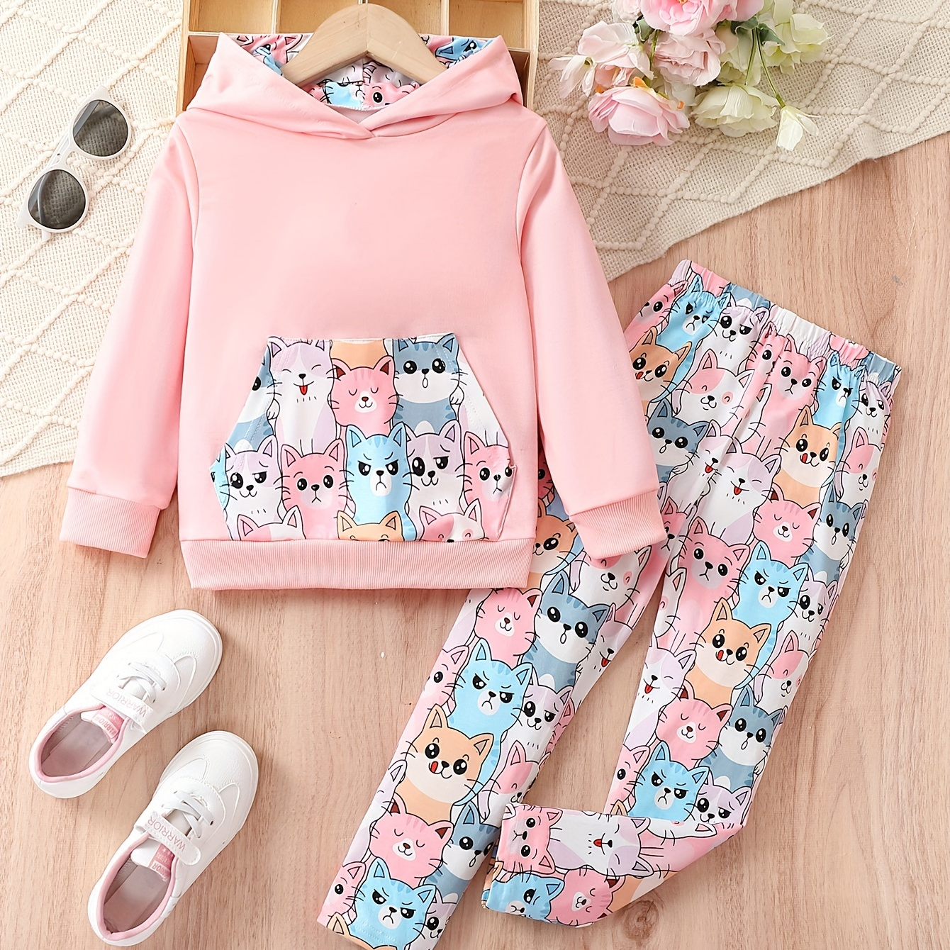 

Girls Cute 2pc Set, Kitten Graphic Set Hoodies With Pocket + Pants Kids Clothes For Spring Fall