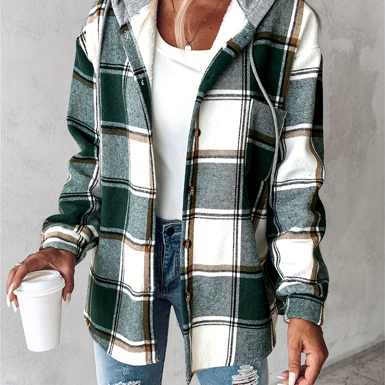 

Hooded Jacket With Check Pattern And Fleece Lining