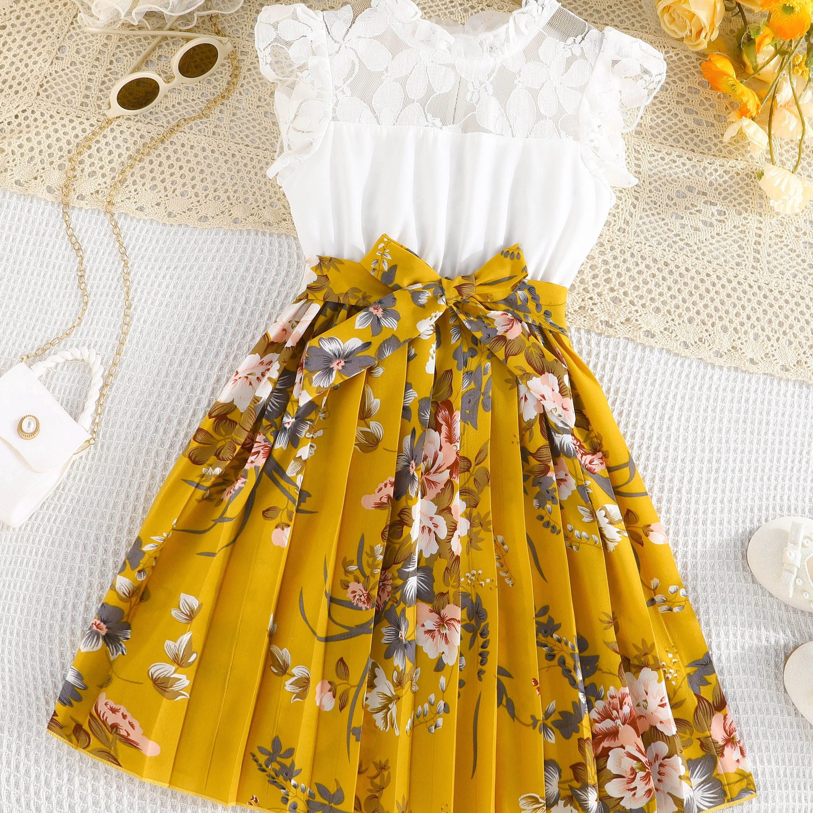 

Gorgeous Girls Splicing Pleated Flower Print Lace Design Belted Dress For Summer Holiday