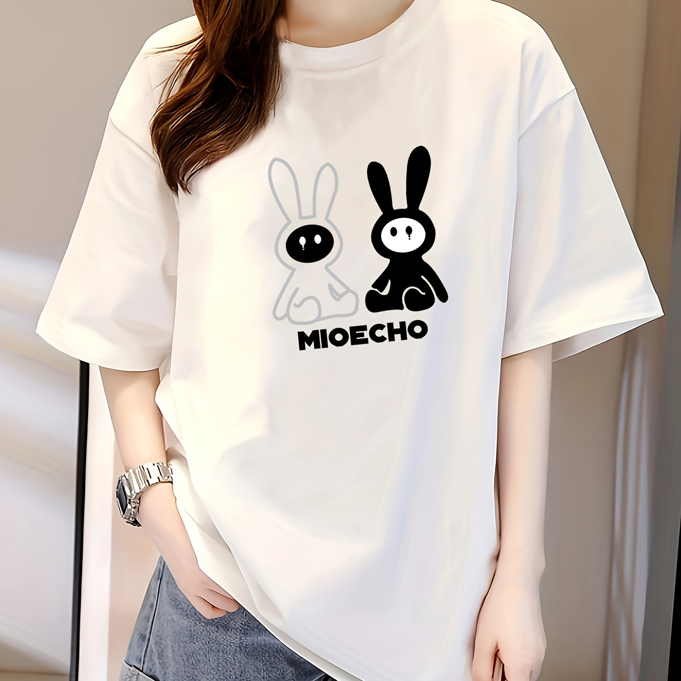 TEMU Rabbit Print Crew Neck T-shirt, Casual Short Sleeve Top For Spring & Summer, Women's Clothing