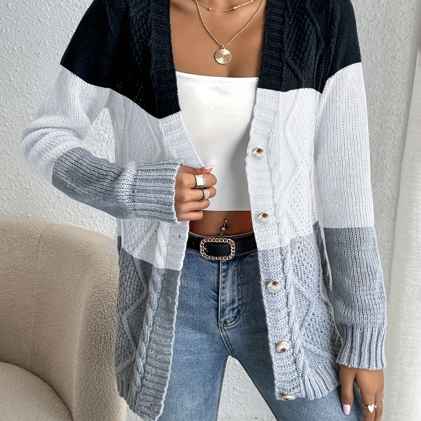 

Color Block Button Front Cardigan, Casual Long Sleeve Cardigan For Spring & Fall, Women's Clothing
