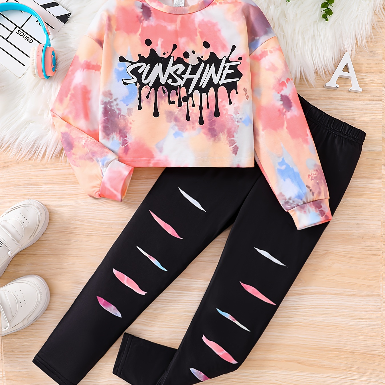 

Tie Dye 'sunshine' Print Girl's Outfit, Long-sleeve Sweatshirt Top + Pants Set Comfy Stylish 2-piece Girls Spring/ Fall Clothes