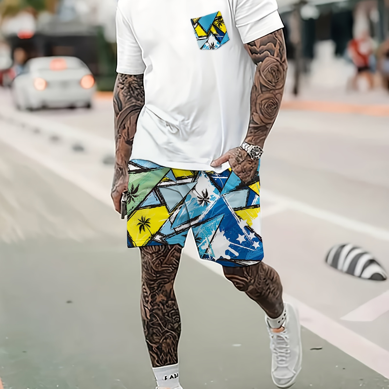 

2-piece Men's Stylish Summer Vacation Outfit Set, Men's Short Sleeve T-shirt With Creative Chest Pocket & Geometric Pattern Shorts Set