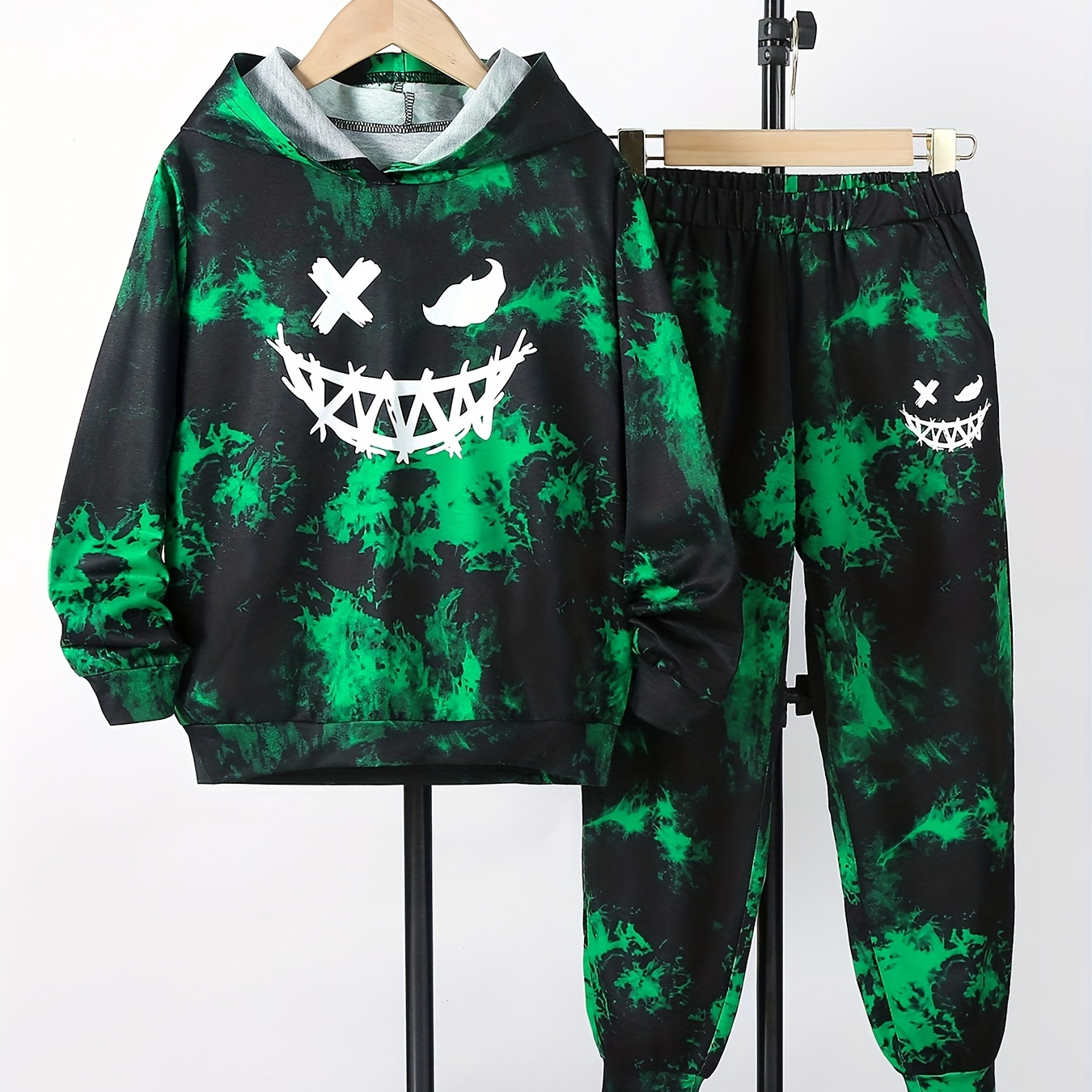 

2pcs Boy's Tie-dye Outfit, Funny Face Hoodie & Sweatpants Set, Kid's Clothes For Spring Fall Winter