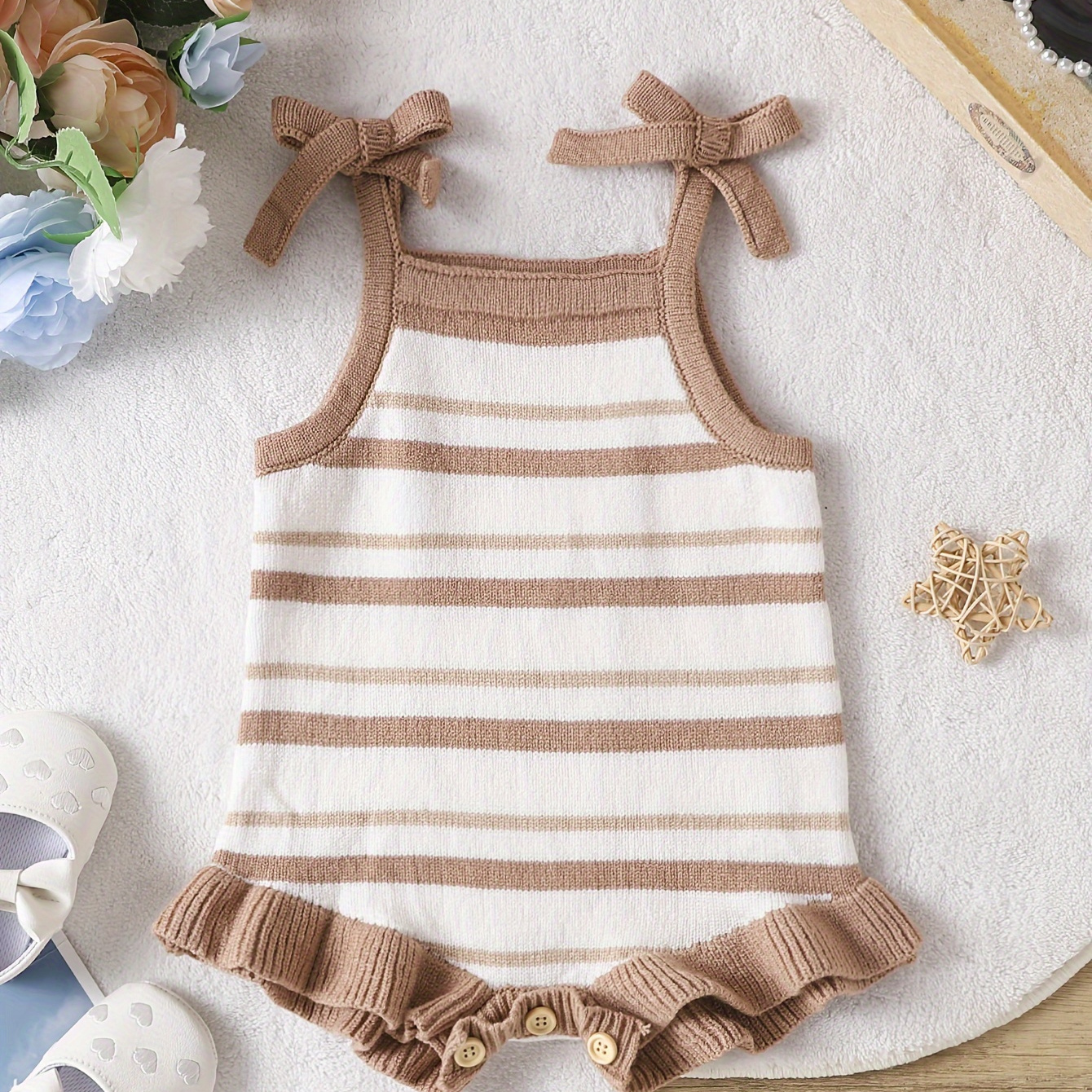 

Baby Girls Striped Suspender Triangle Bodysuit Sweater For Autumn And Winter