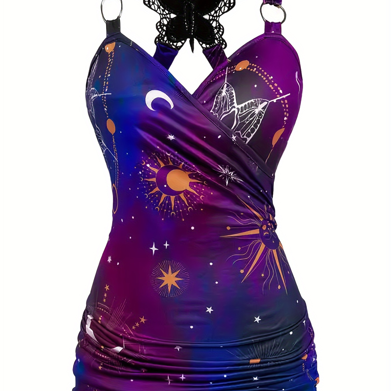

Starry Sky Print Ring Linked Tank Top, Casual Butterfly Lace Sleeveless Tank Top For Summer, Women's Clothing