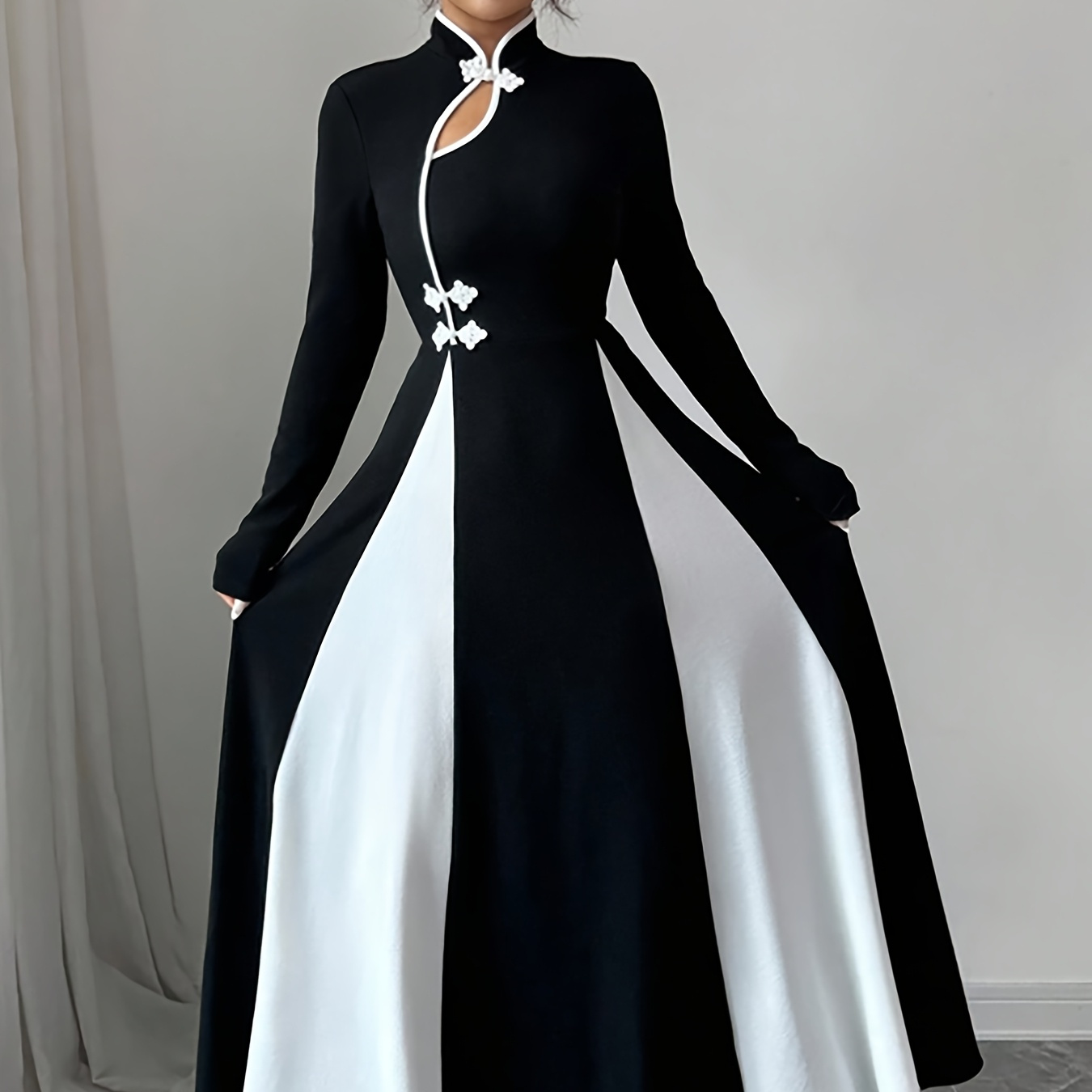 Black & White Cheongsam-Style Maxi Dress