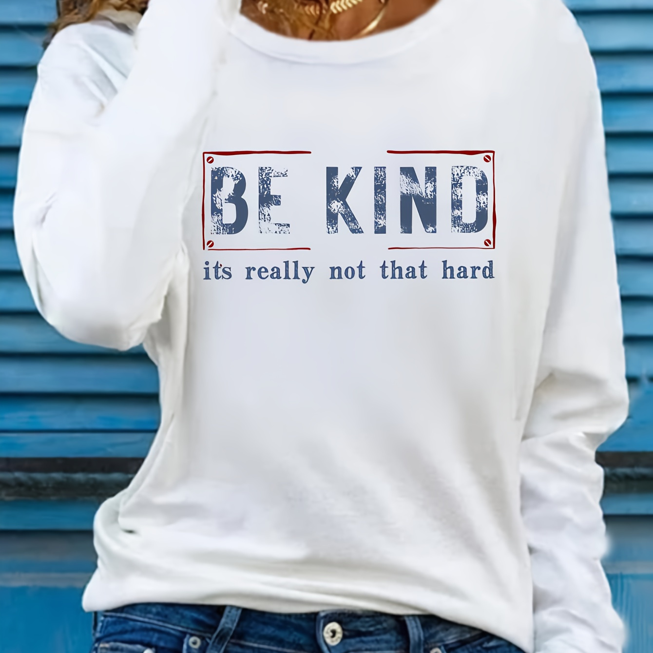 

Casual Long Sleeve T-shirt For Women - Polyester Knit Fabric With Round Neckline, "be Kind" Letter Print, Fall Season Comfort, Regular Fit