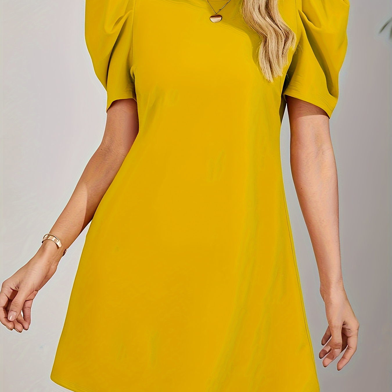 

Solid Color Crew Neck Dress, Elegant Puff Sleeve Dress For Spring & Summer, Women's Clothing