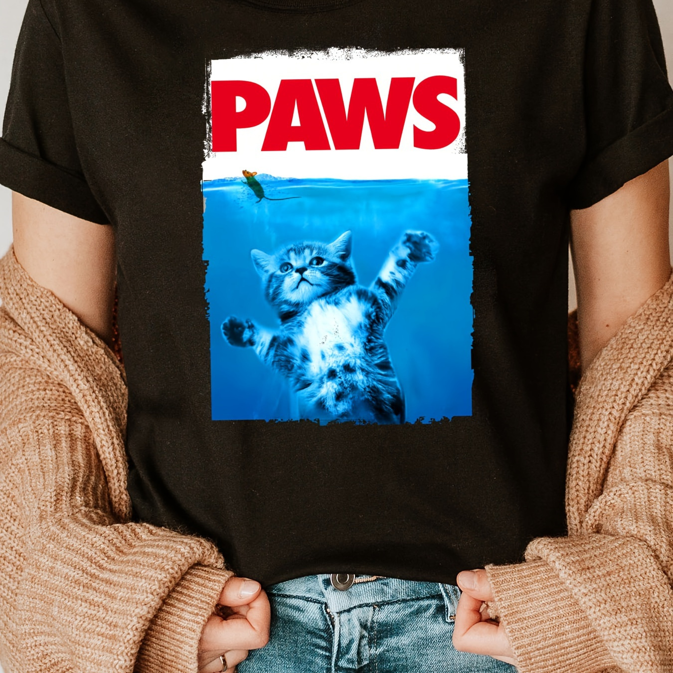 

Paws Cat Print Crew Neck T-shirt, Short Sleeve Casual Top For Summer & Spring, Women's Clothing