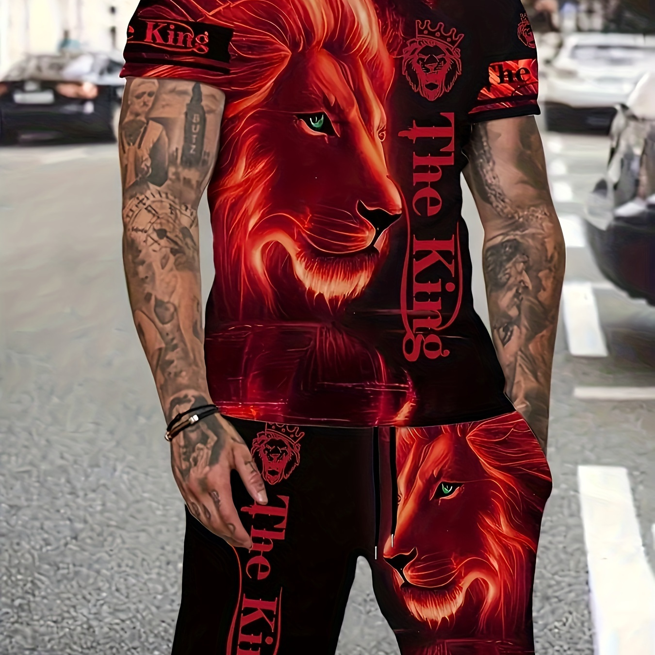 

2-piece Men's Novelty 3d Lion Pattern Print Summer Outfit Set, Men's Short Sleeve Crew Neck T-shirt & Elastic Waist Shorts With Pockets