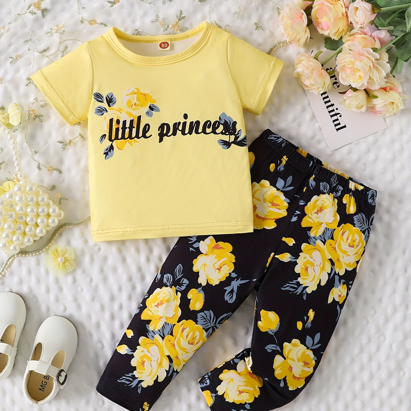 

Baby's "little Princess" Print 2pcs Casual Outfit, T-shirt & Flower Pattern Pants Set, Toddler & Infant Girl's Clothes For Daily/holiday/party