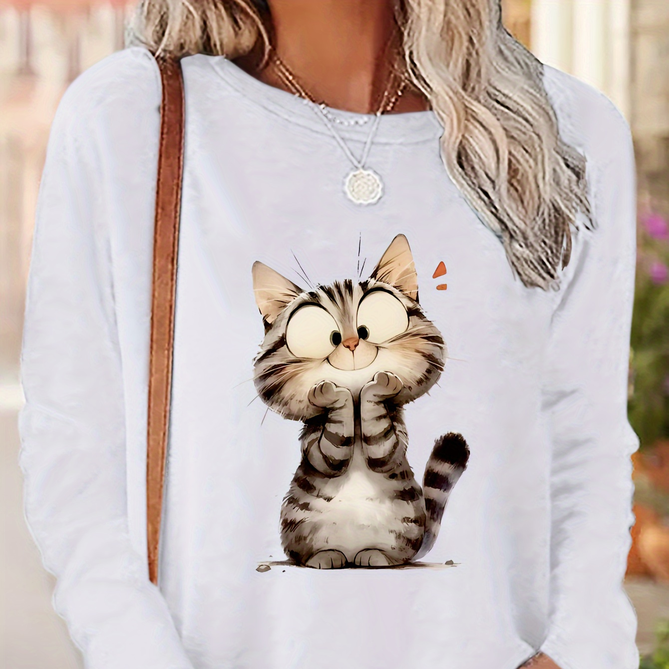 

Cat Print T-shirt, Long Sleeve Crew Neck Casual Top For Spring & Fall, Women's Clothing, Cat Shirt