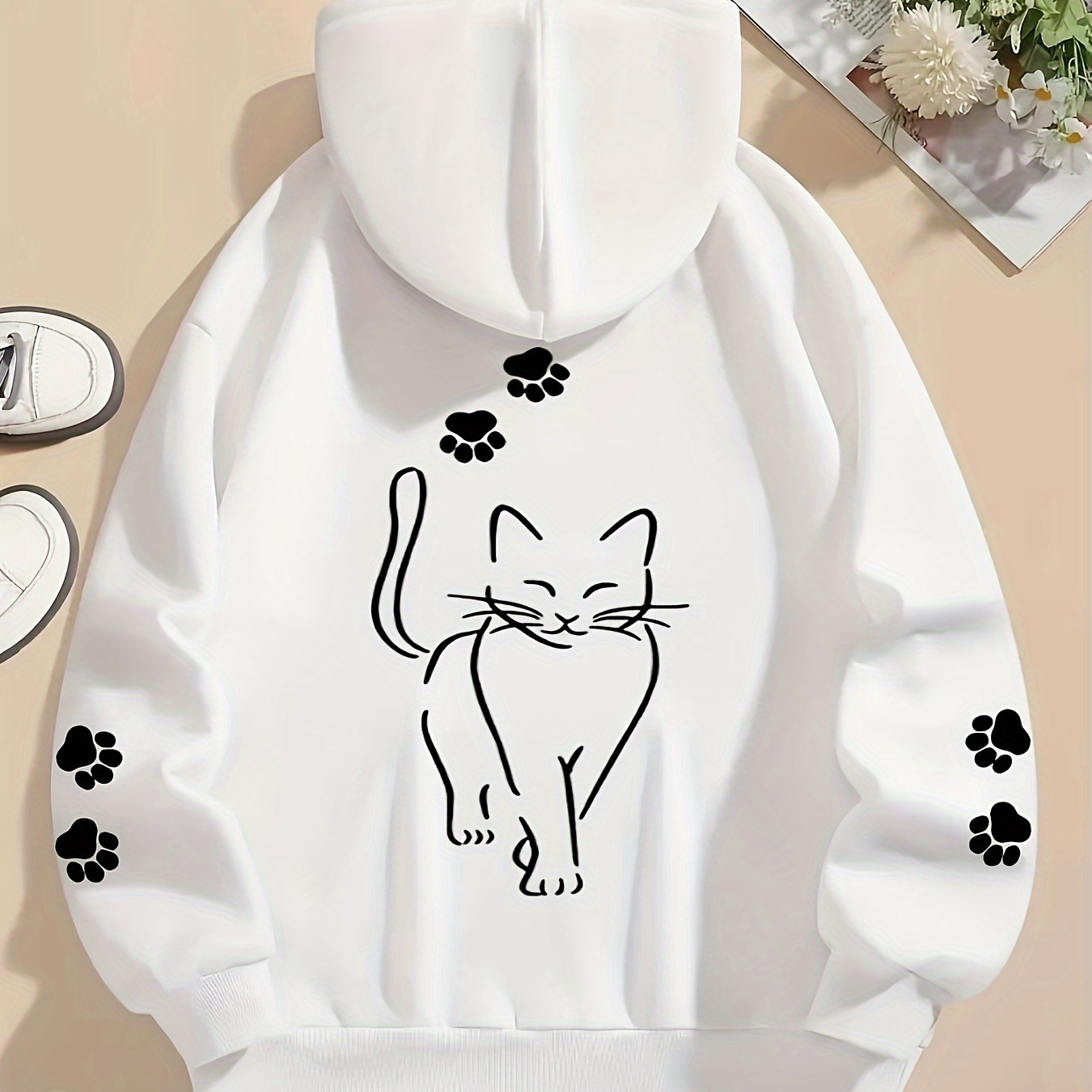 

Sweat à capuche imprimé chat, sweat-shirt à capuche décontracté avec cordon de serrage pour l'hiver et , vêtements pour femmes