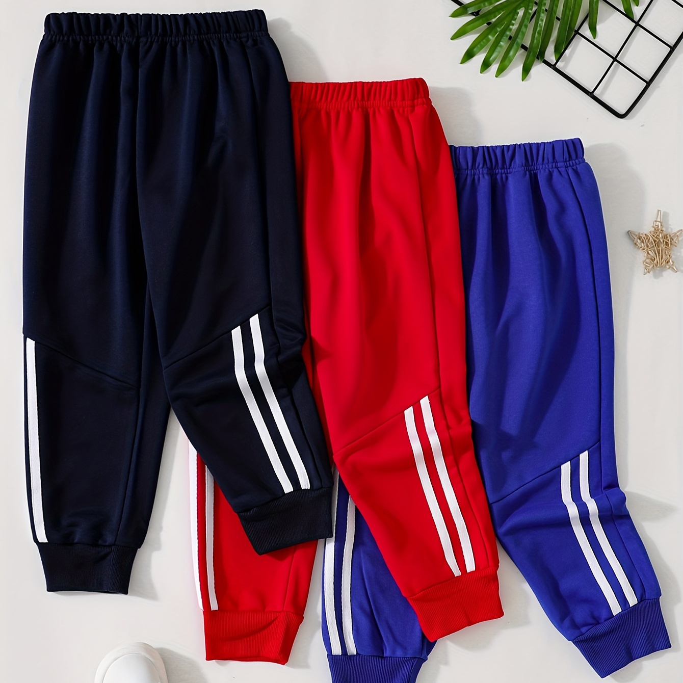 

Dresses 3-pack Boys Spring/autumn Casual Polyester Long Pants, Comfy Side Striped Sweatpants For Outdoor Activities