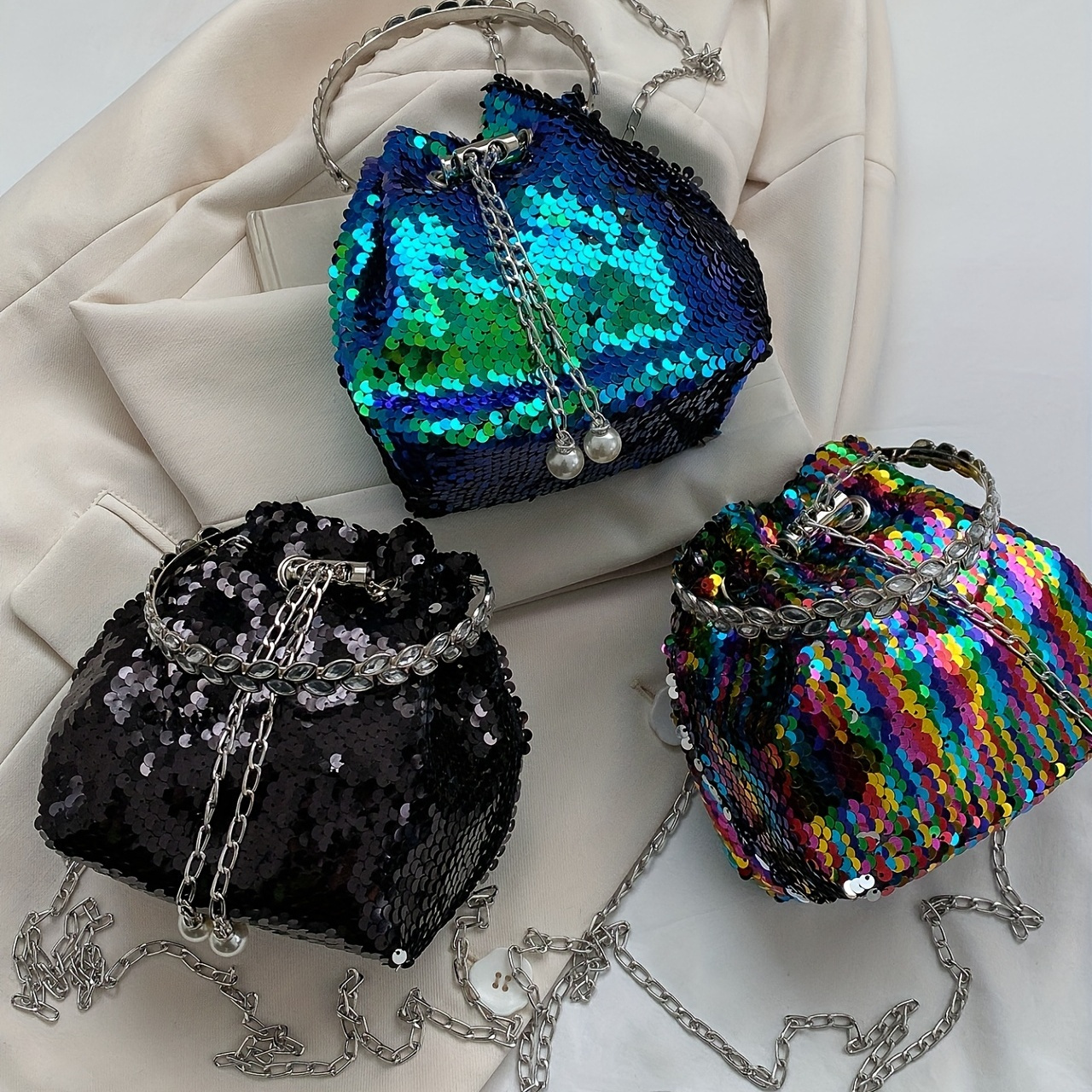 Sequin Glitter Drawstring Bucket Crossbody Bag, Pu Leather Top