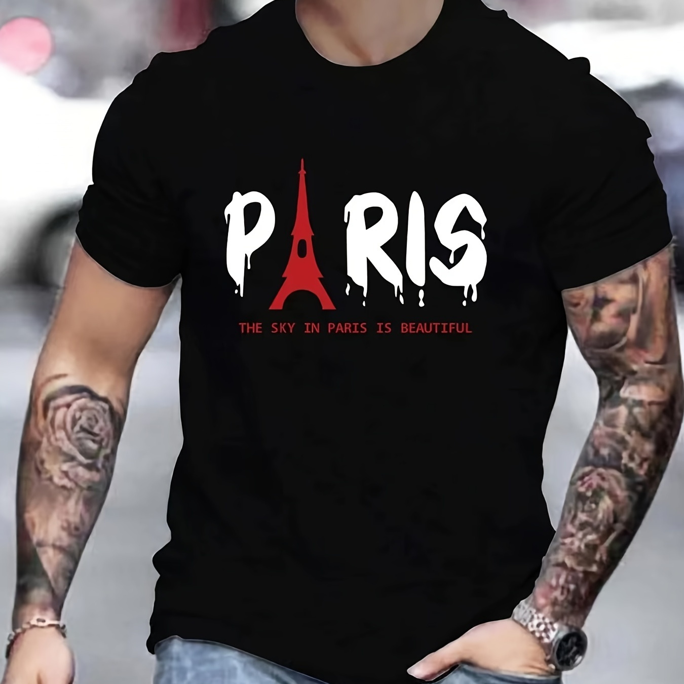 

'paris' Eiffel Tower Print T Shirt, Tees For Men, Casual Short Sleeve Tshirt For Summer Spring Fall, Tops As Gifts