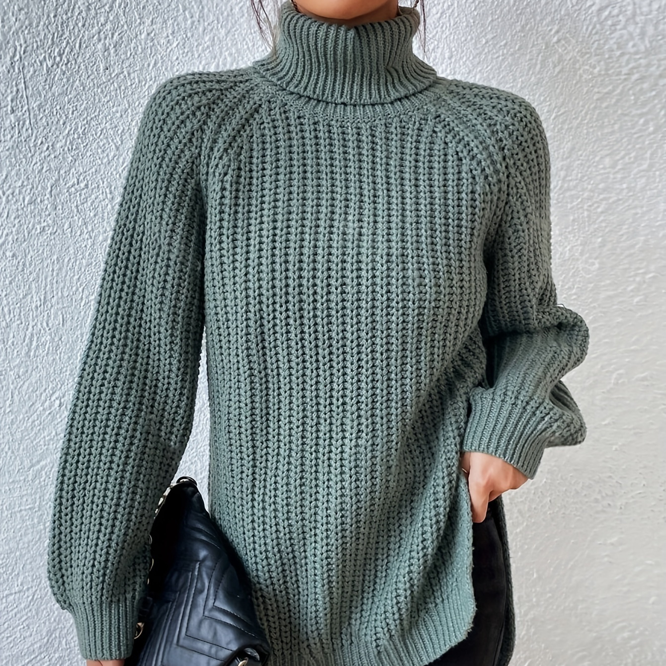 

Turtleneck Knitted Split Hem Versatile Sweater, Casual Long Sleeve Sweater For Fall & Winter, Women's Clothing