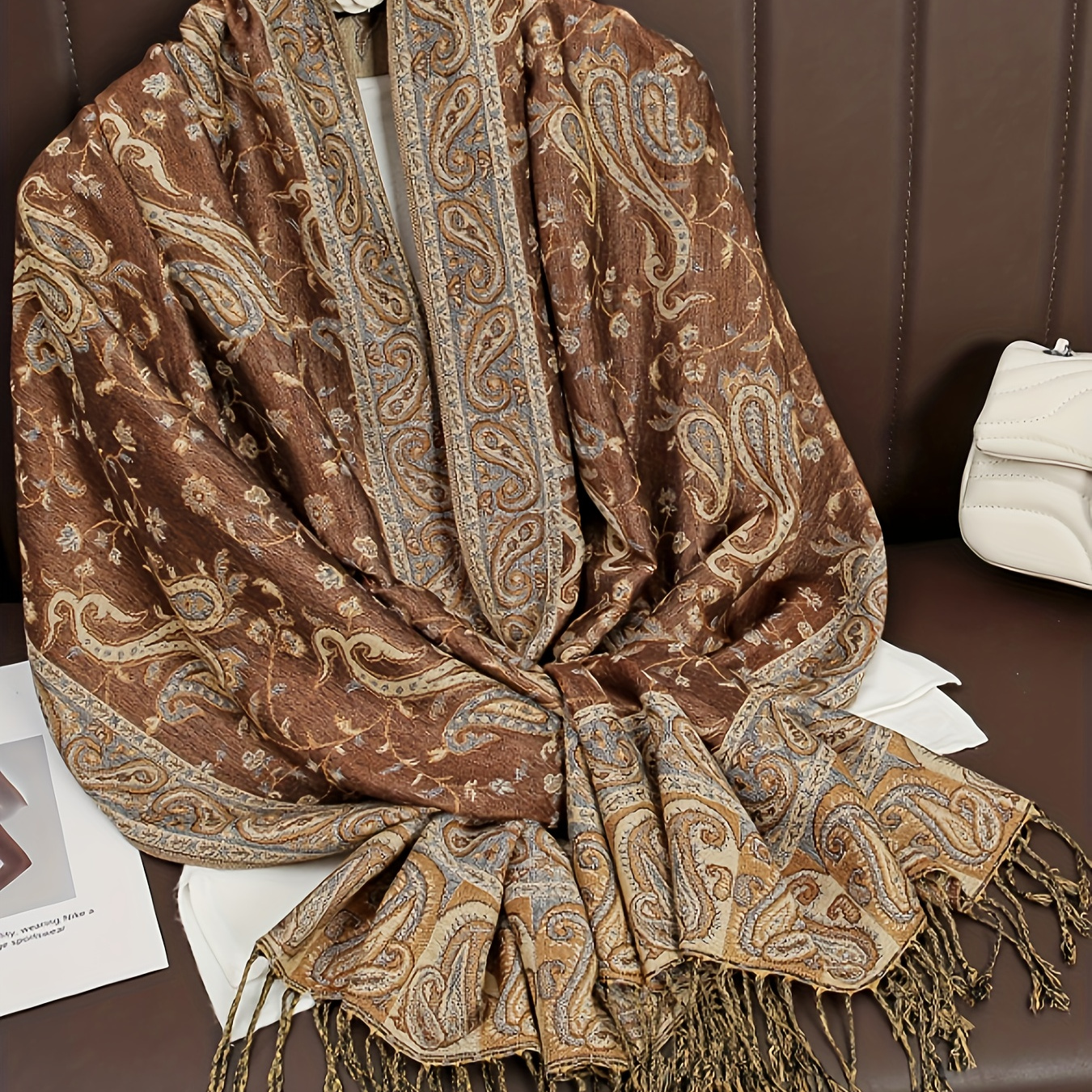 

Luxurious Plus-size Cashmere Paisley Scarf - Vintage Middle Eastern Style, Warm Tassel Shawl For Autumn/winter, Polyester, Hand Or Only