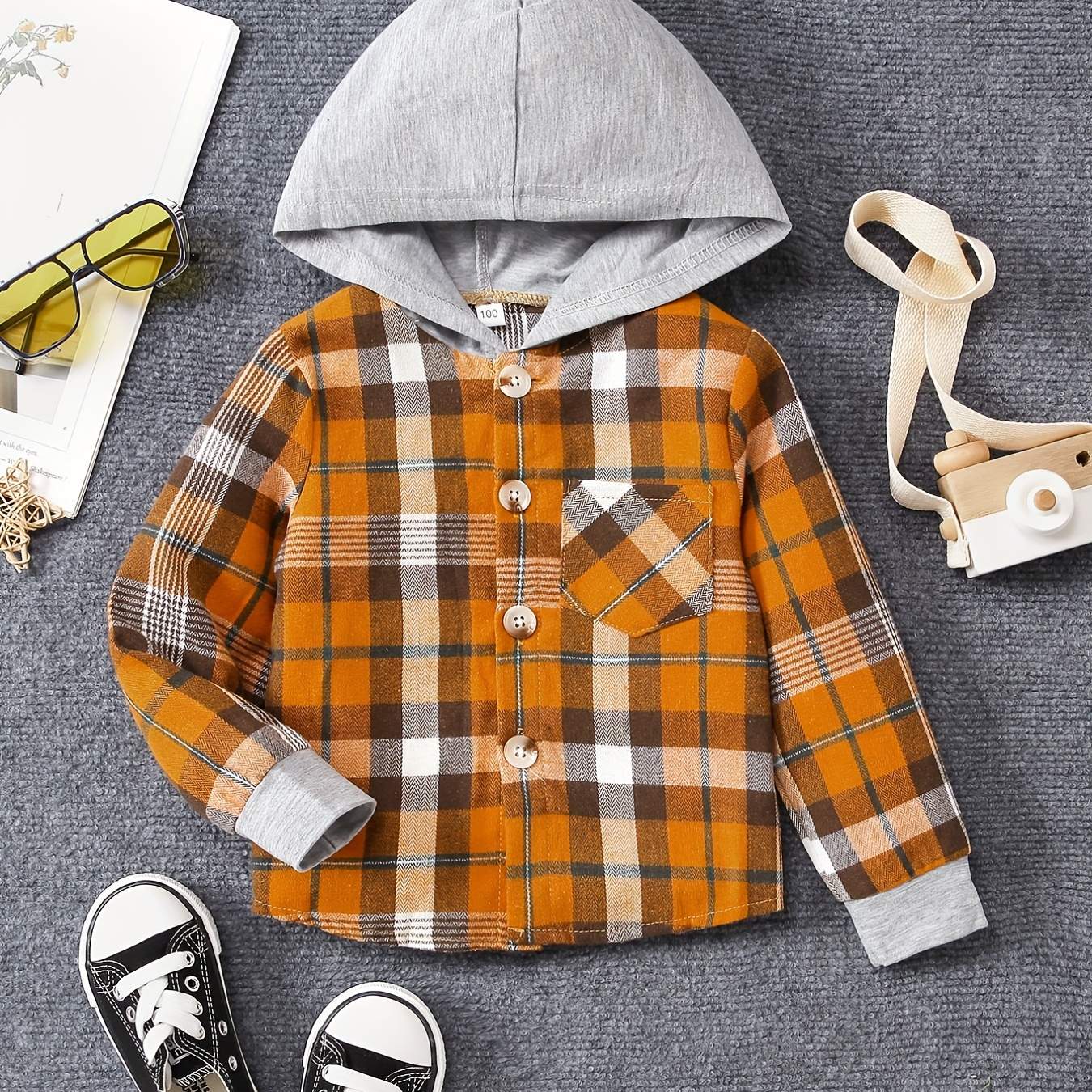 Girls' Contrast Plaid Hooded Long Sleeve Button Down Jacket Shirt Kids  Autumn Outfit