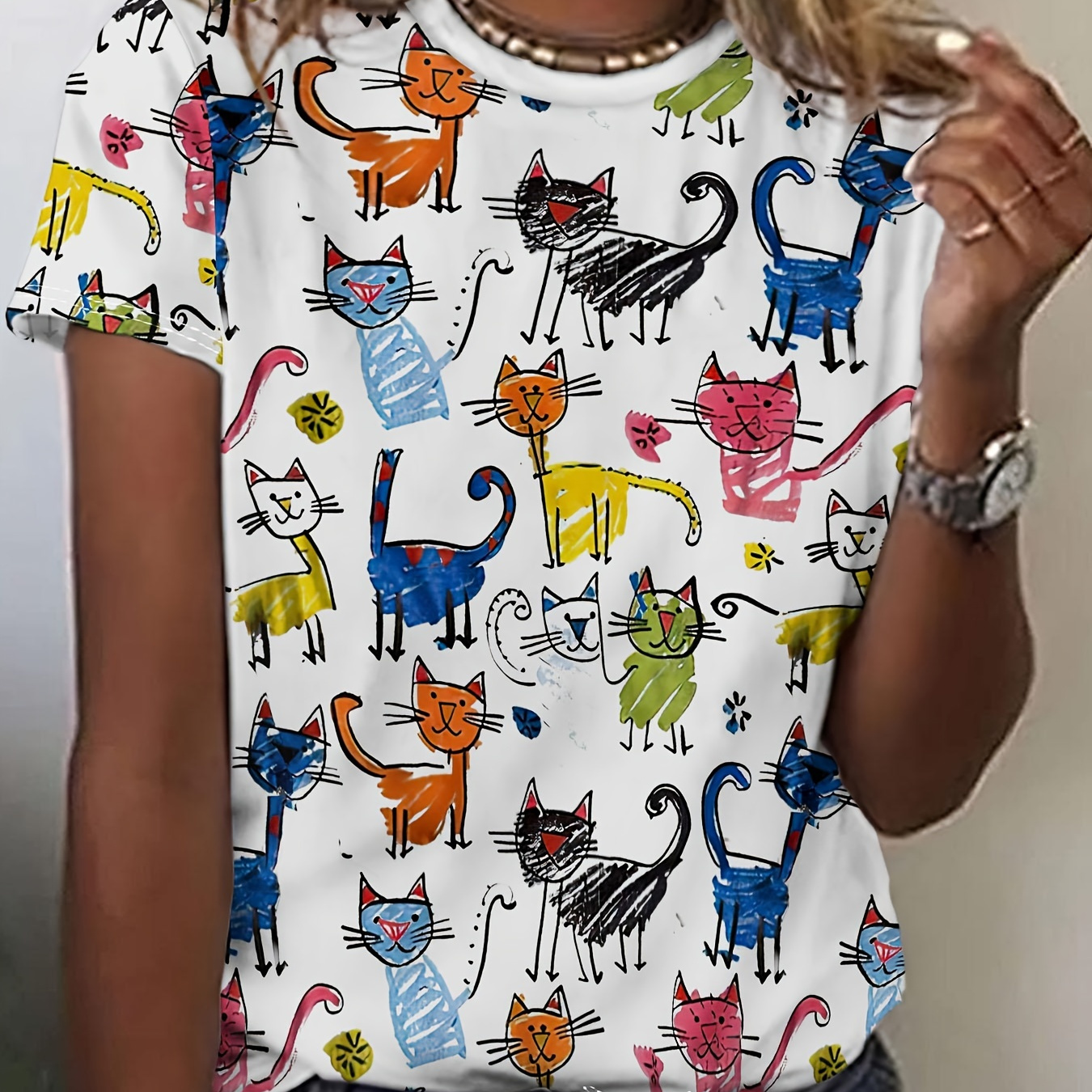 

Women's Cat Print Short Sleeve Top - Vibrant Polyester Knit Blouse, Round Neck, Machine Washable, Spring/summer Casual Wear, Spring Fashion Blouse | Artistic Apparel | Stretchy Knit Top