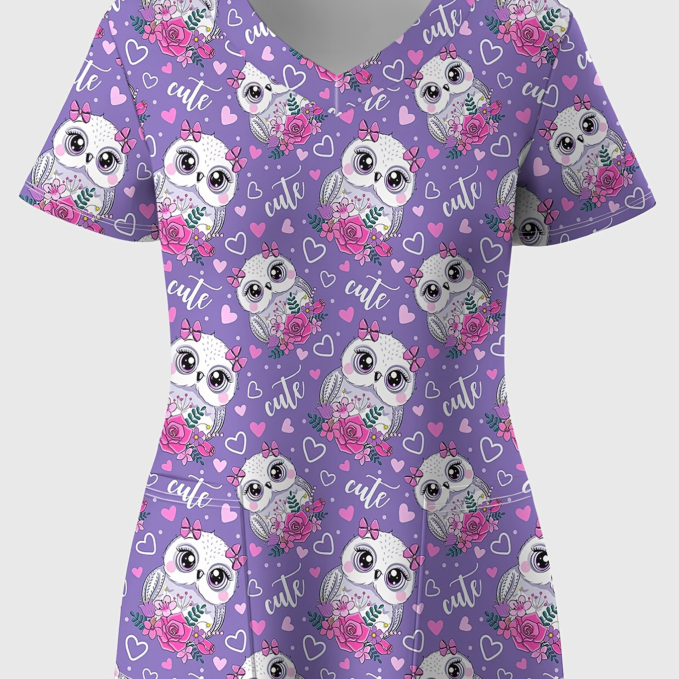 

Size Women's V-neck Scrub Top With Heart & Owl Print - Short Sleeve, Stretchy Polyester, Machine Washable