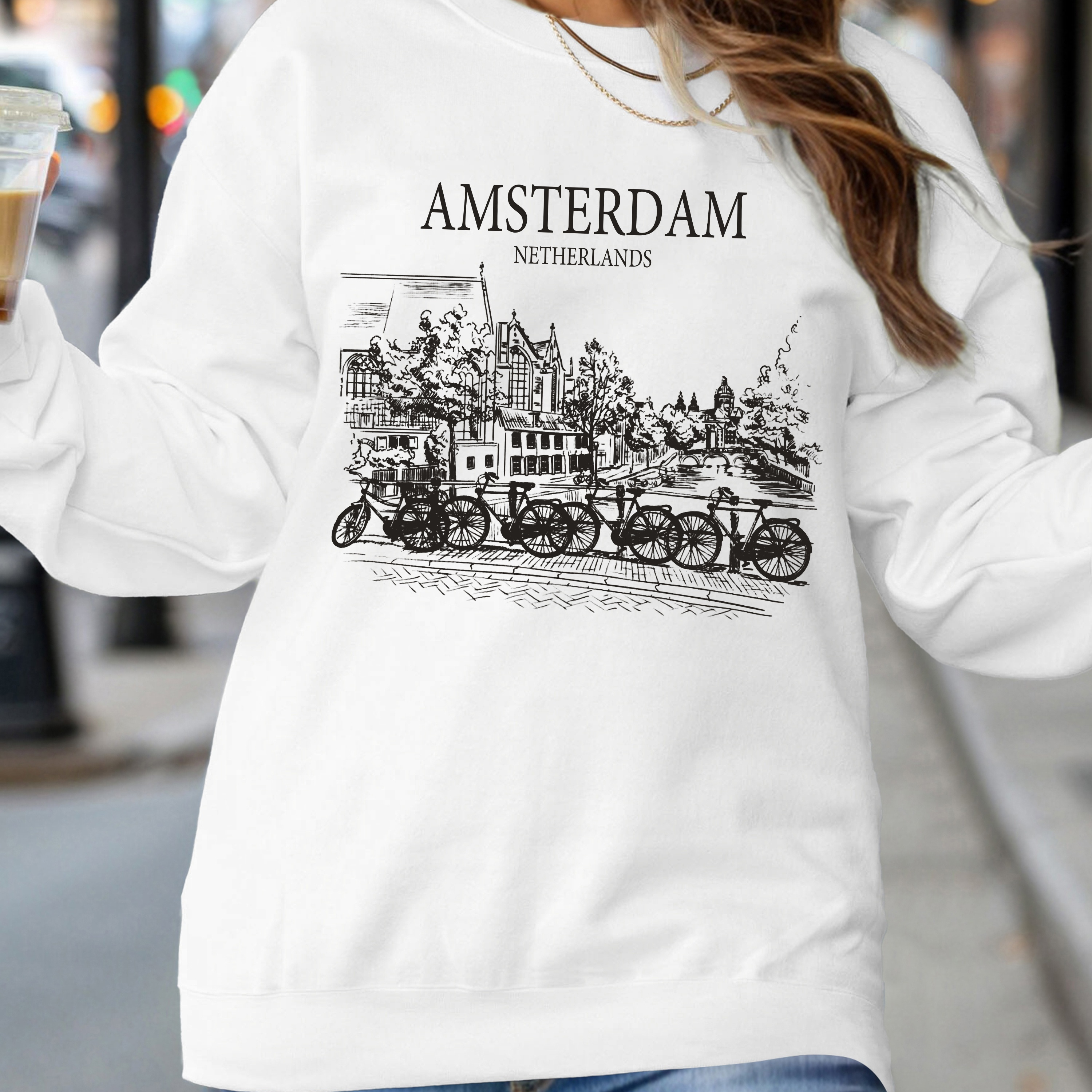 

Amsterdam Print Sweatshirt, Casual Crew Neck Long Sleeve Sweatshirt For Fall & Winter, Women's Clothing