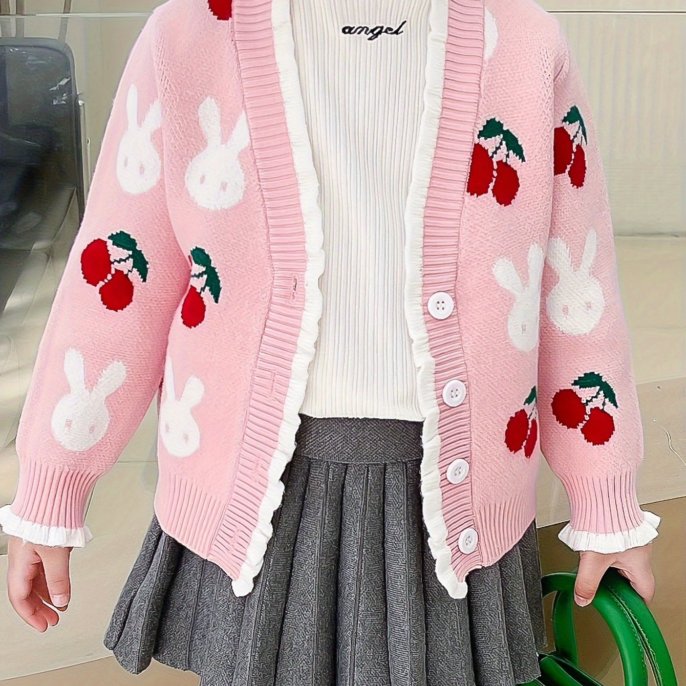 

Jacquard Knit Cardigan For Girls, Lettuce Trim Casual Cute Knitwear Jacket, Girl's Clothing For Fall Winter