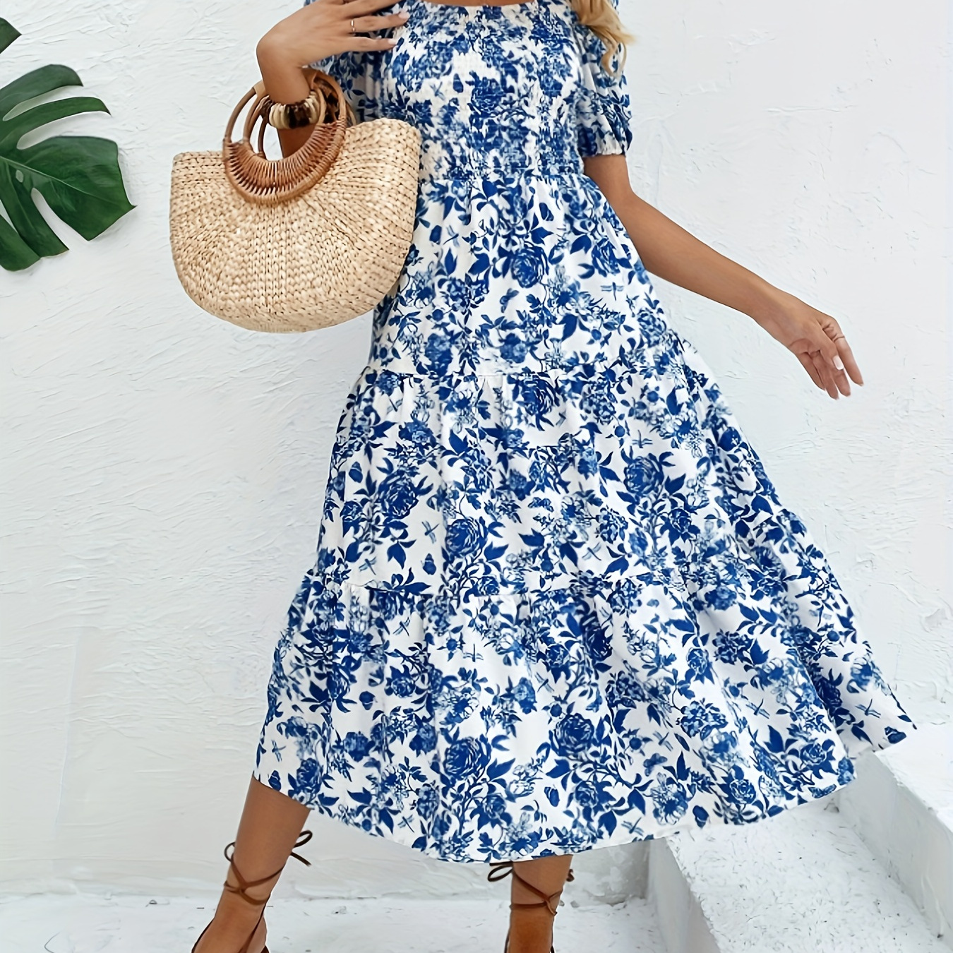 

Floral Print A-line Dress, Elegant Short Sleeve Dress For , Women's Clothing