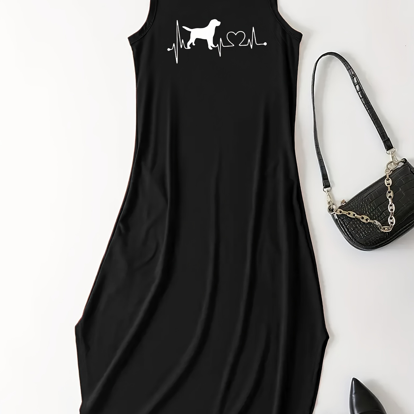 

Dog Print Sleeveless Tank Dress, Casual Crew Neck Long Length Tank Dress For Spring & Summer, Women's Clothing