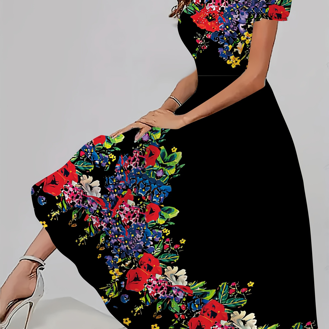 

1pc Elegant Floral Print Midi Dress For Women, 95% Polyester 5% Spandex, Short Sleeve Crew Neck, Knit Fabric, All , Fitted Style