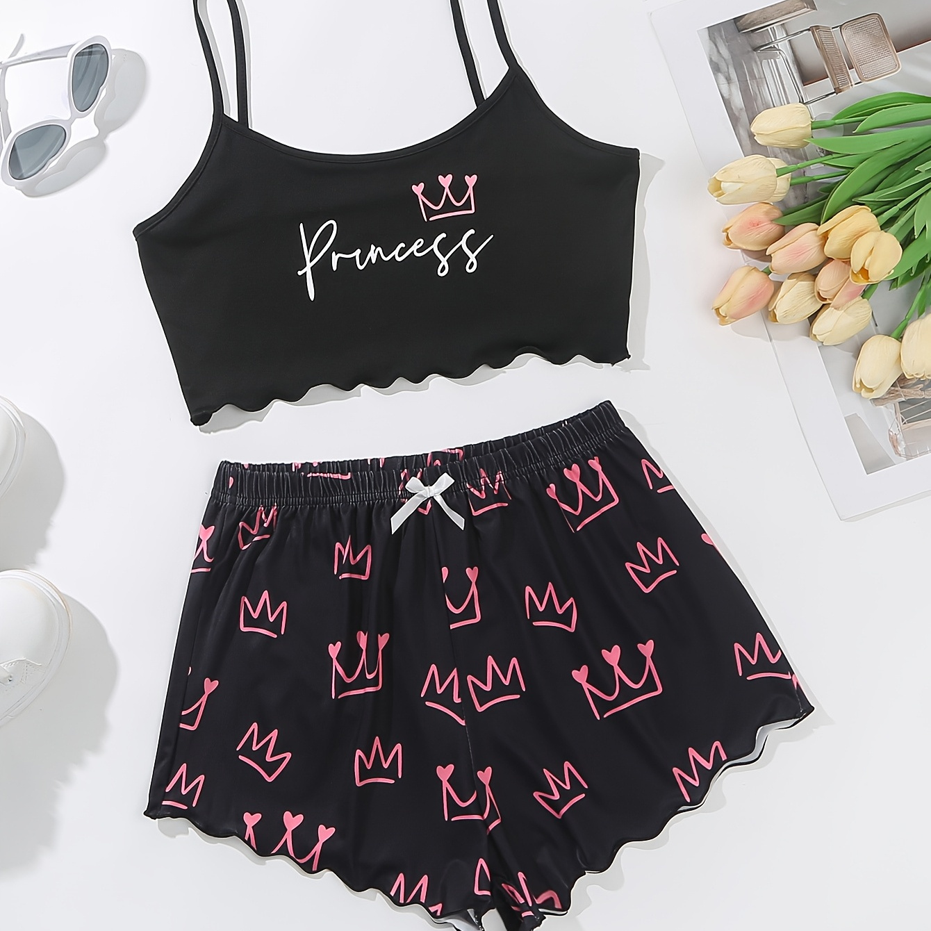 

& Letter Print Women's Pajama Set - Comfy Polyester Cami Top & Shorts, Machine Washable - All