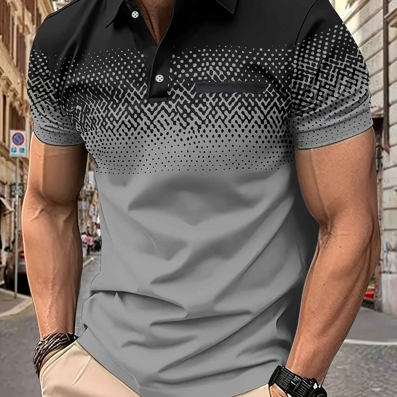 

Men's Gradient Short Sleeve Lapel Golf Shirts, Casual Style Slight Stretch Regular Fit Summer Tops, Summer Golf Shirts