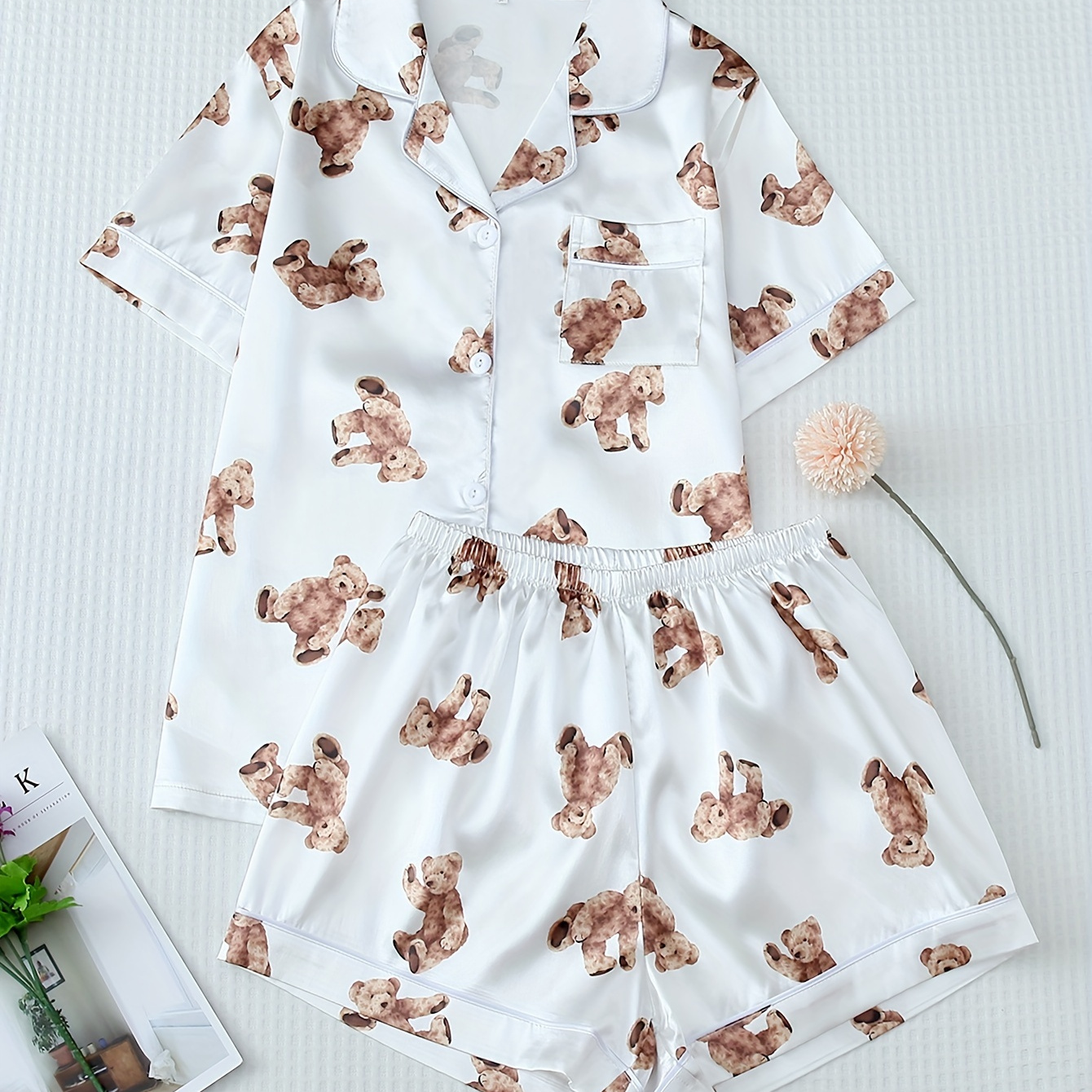 

Women's Cute Bear Print Satin Pajama Set, Short Sleeve Buttons Lapel Top & Shorts, Comfortable Relaxed Fit