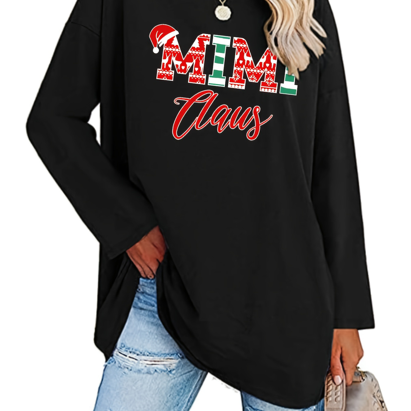 

Plaid Mimi Letter Print T-shirt, Casual Long Sleeve Crew Neck Top, Women's Clothing