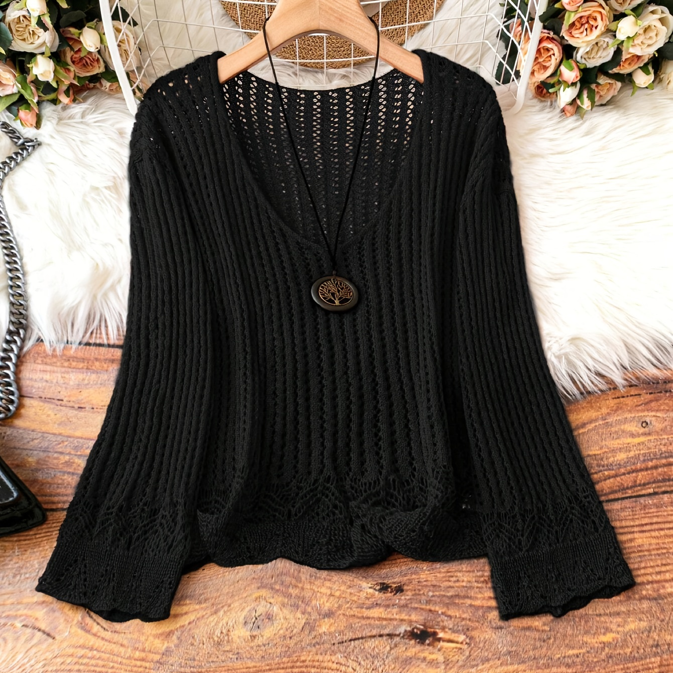 

Plus Size V Neck Knit Sweater, Casual Long Sleeve Pullover Top For Spring & Fall, Women's Plus Size Clothing