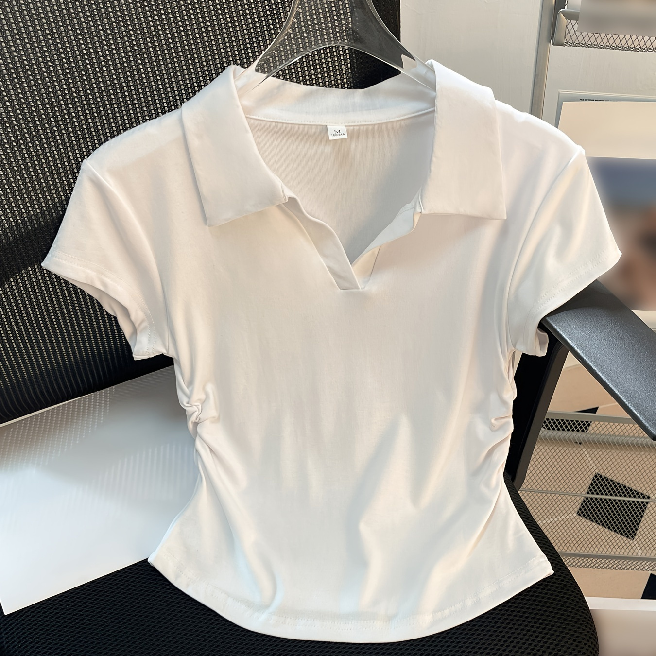 

Solid Color Collared T-shirt, Casual Short Sleeve Crop T-shirt For Spring & Summer, Women's Clothing