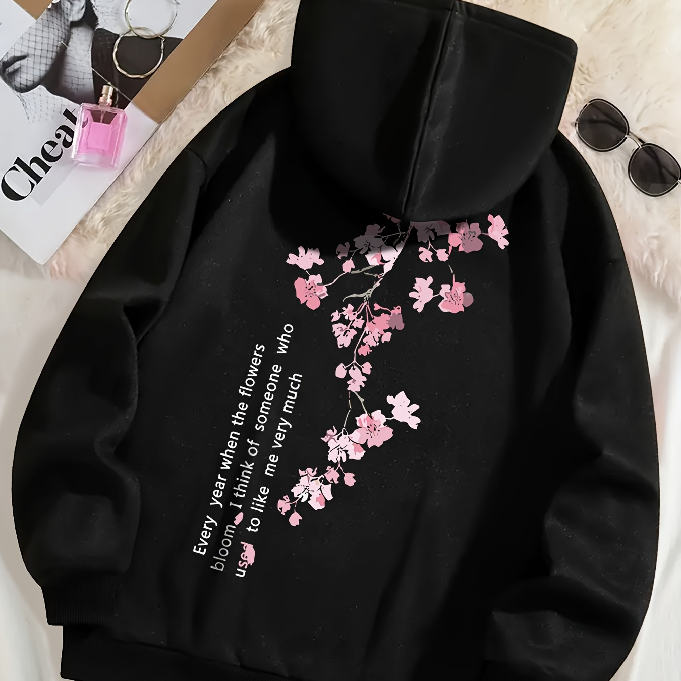 

1pc Women's Casual Hoodie With Cherry Blossom & Letter Print, 100% Polyester Knit Fabric, Stretch, Winter Pullover With Hood And Pockets