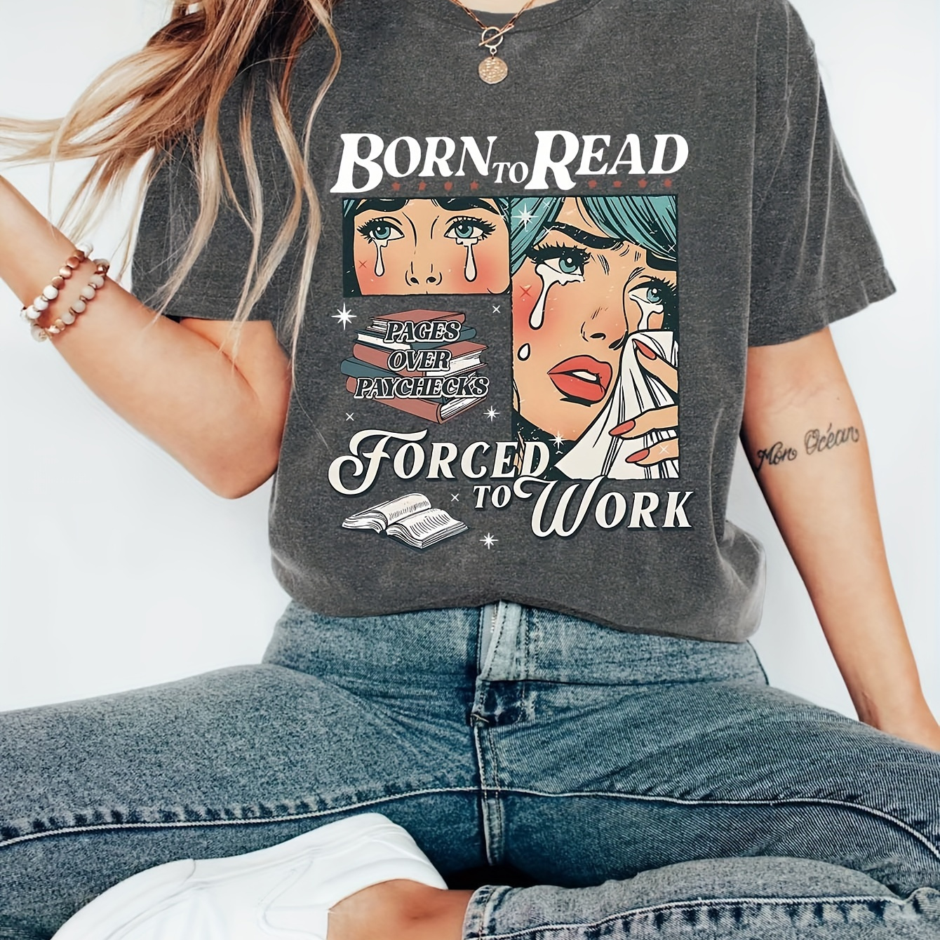 

Women's Casual Reading Book Graphic Tee - Short Sleeve, Round Neck, Stretchy Polyester , Machine Washable -