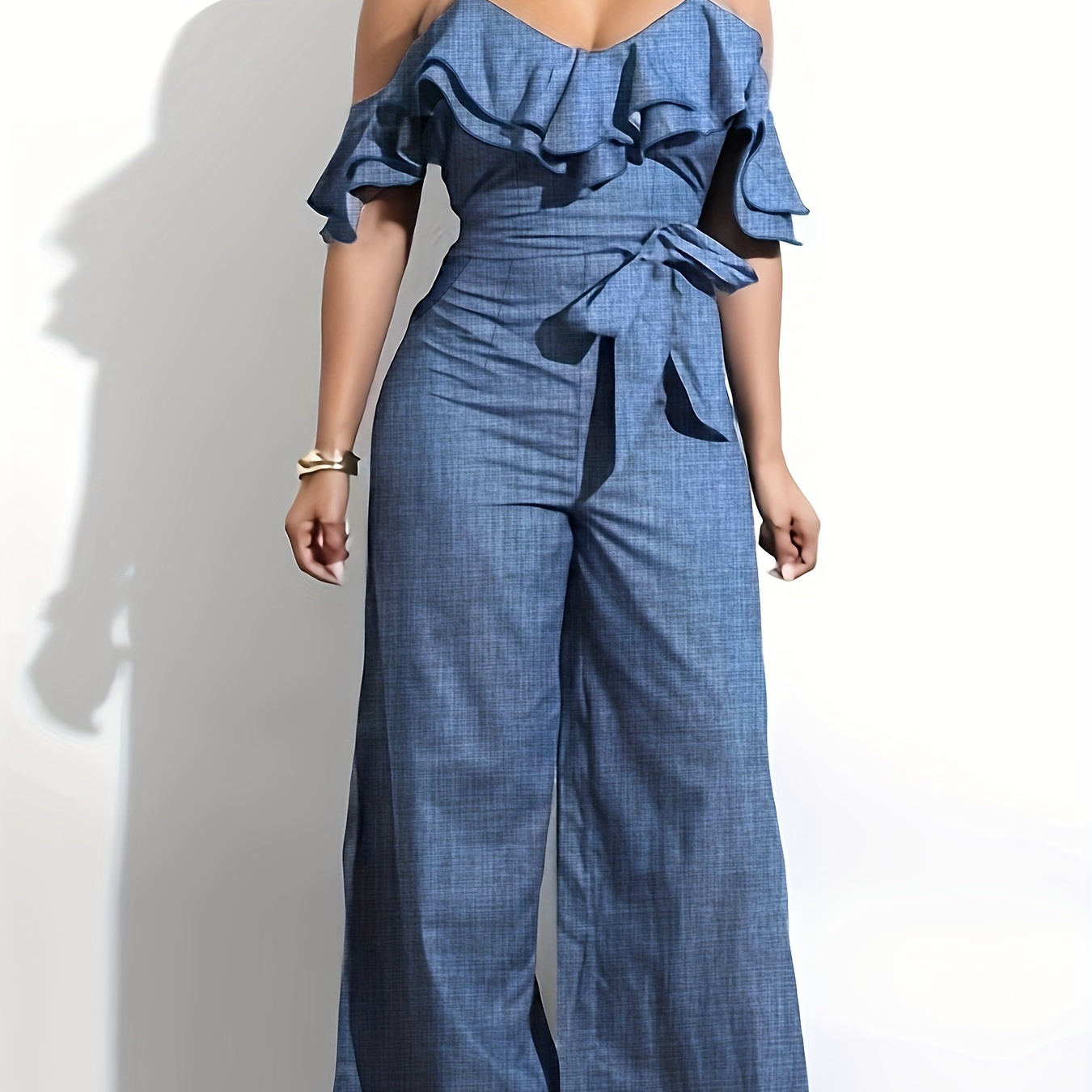

Layered Ruffle Cold Shoulder Jumpsuit, Casual Tie Front Wide Leg Jumpsuit For Spring & Summer, Women's Clothing
