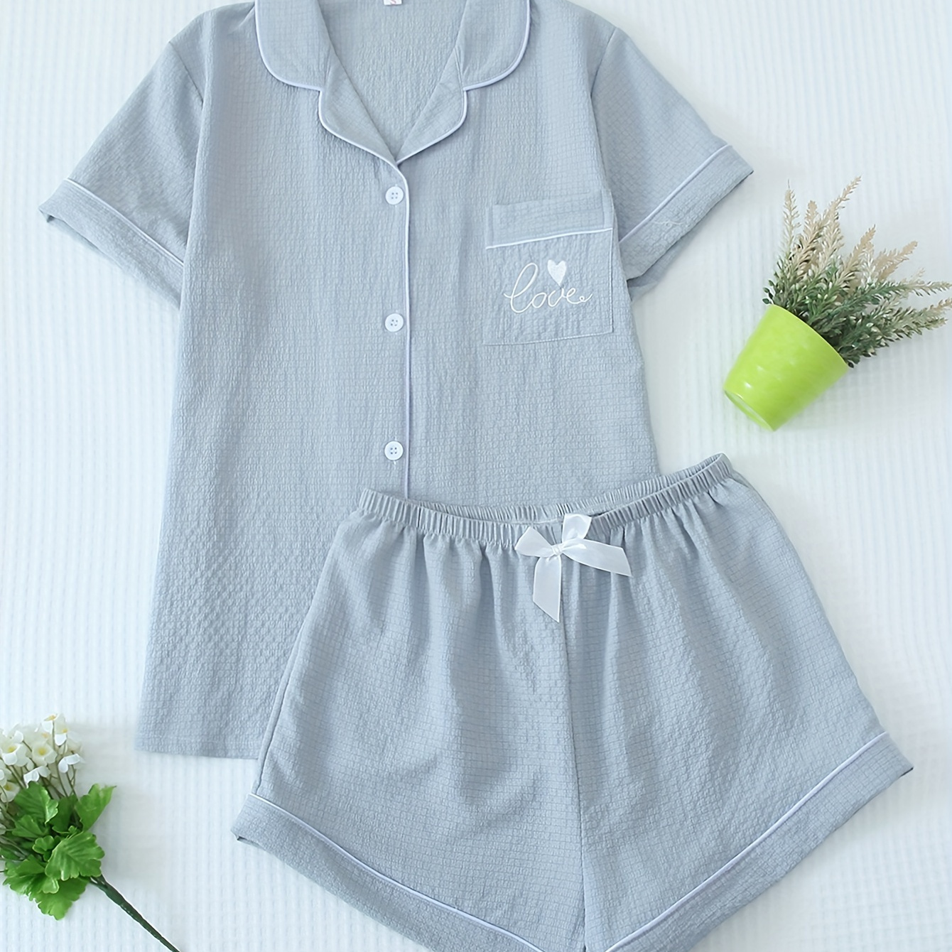 

Heart & Letter Print Textured Pajama Set, Casual Short Sleeve Buttons Lapel Top & Elastic Shorts, Women's Sleepwear