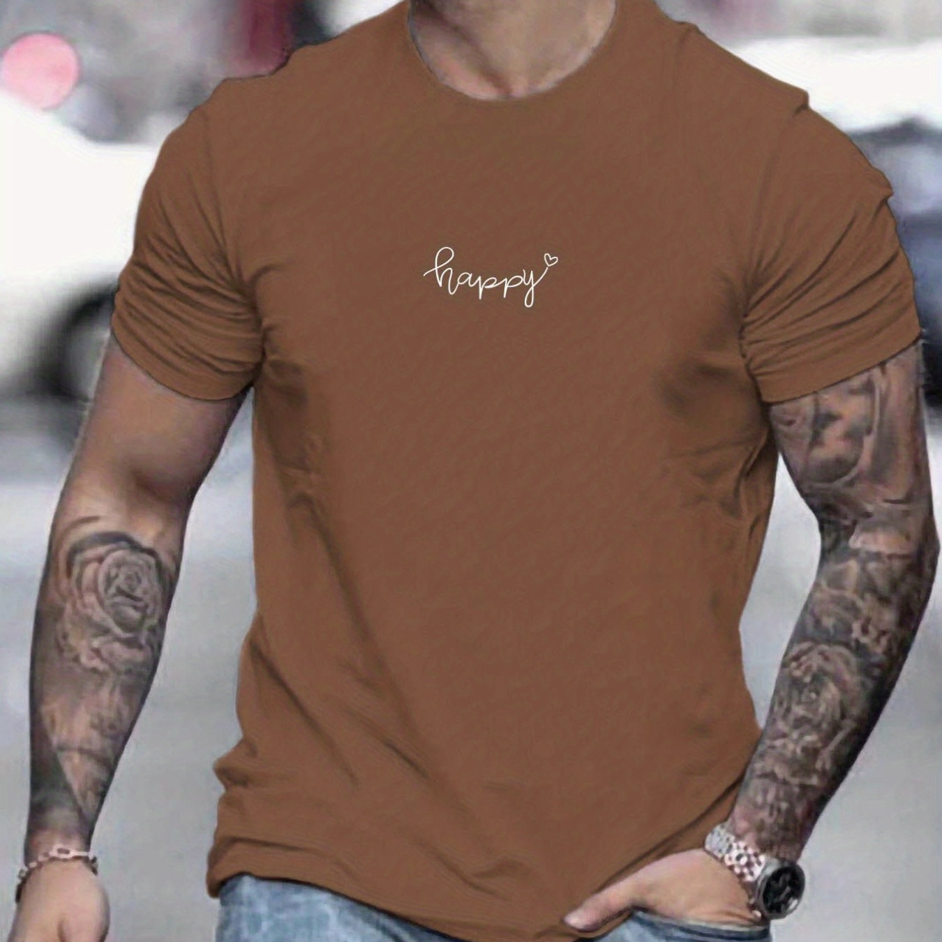 

Trendy Letter Happy Pattern Print Men's T-shirt, Graphic Tee Men's Summer Clothes, Men's Outfits