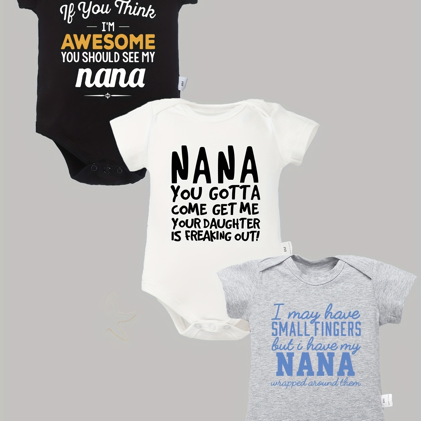 

3-piece Cotton Baby Onesies My Nana's Letter Printed Soft Casual Round Neck Baby Onesies