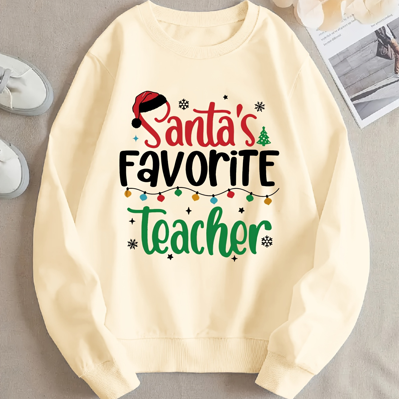 

Seasonal , Cozy Fleece-lined Christmas Teacher Sweatshirt - Festive Print, Casual Crew Neck For Women, Fall & Winter, Christmas, Te, , Sweatshirt, Fashionable